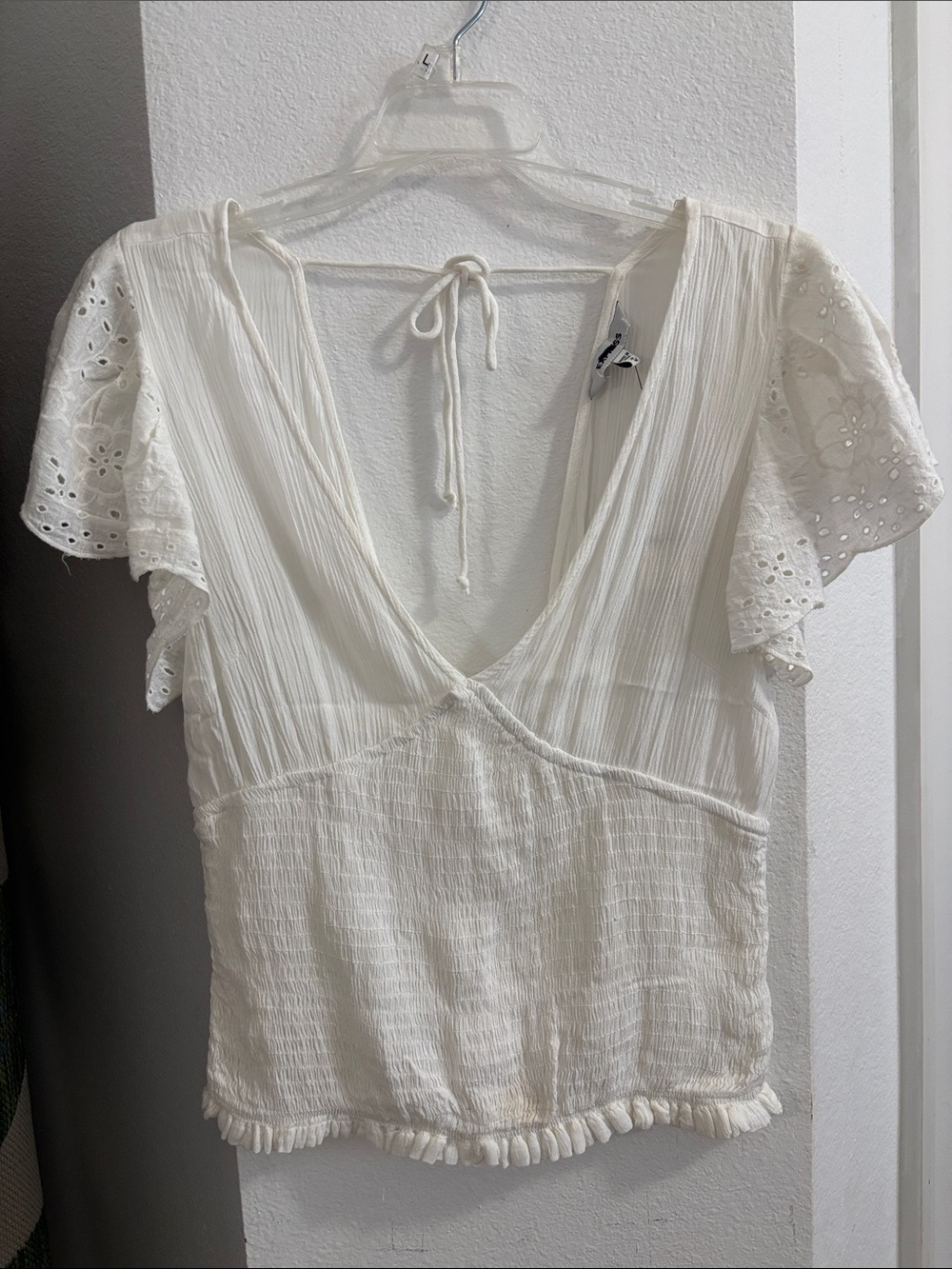 Express White Eyelet Flutter Sleeve V-Neck Top with Tie Back